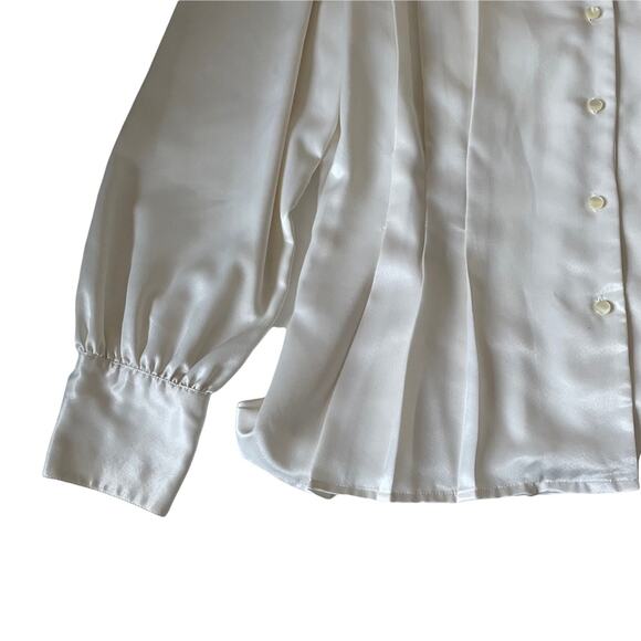 Vintage 1980s Satin Blouse Lace Floral Collar Button Down Made in Korea White 10 - Picture 7 of 11